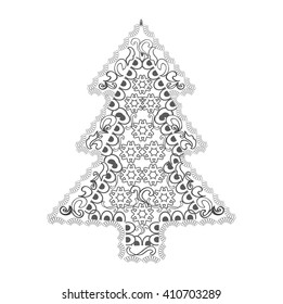 Happy new year and merry christmas card.  Christmas tree in zentangle style for adult anti stress. Coloring page isolated on white background..