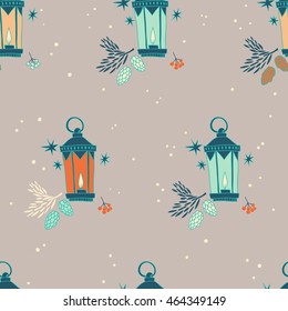 Happy New Year and Merry Christmas. seamless pattern. vector hand drawn background with lantern, fir branches and cones