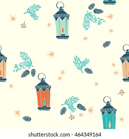 Happy New Year and Merry Christmas. seamless pattern. vector hand drawn background with lantern, fir branches and cones