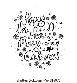 Happy New Year and Merry Christmas greeting card. Graphic typography illustration with handwritten holiday wish.