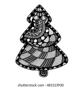 Happy new year and merry christmas card. Christmas tree in zentangle style for adult anti stress. Coloring page isolated on white background..