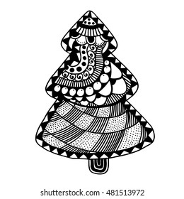 Happy new year and merry christmas card. Christmas tree in zentangle style for adult anti stress. Coloring page isolated on white background..