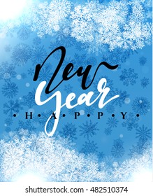 Happy New Year and Merry Christmas concept greeting card design. Postcard background for print or banner to your website. Handmade calligraphy Merry Christmas. Holiday background vector image greeting