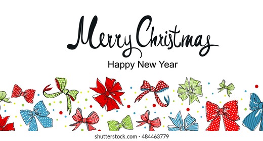Happy New year, Merry Christmas hand lettering horizontal banner design. Bows, decorations for Christmas tree illustration. Trendy greeting card, poster, flyer, banner, invitation design. Vector