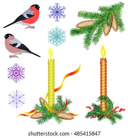 Happy New Year and Merry Christmas. Set of isolated vector objects (bullfinches, snowflakes, candles, fir bough with cone) for greeting and invitation card design.