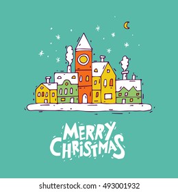 Happy New Year and Merry Christmas. Winter landscape of the old town, snow. Lettering, calligraphy, hand-drawn, lino-cut. Greeting card. Flat design vector illustration.