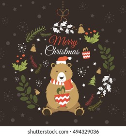 Happy New Year and Merry Christmas vector card with funny Bear.