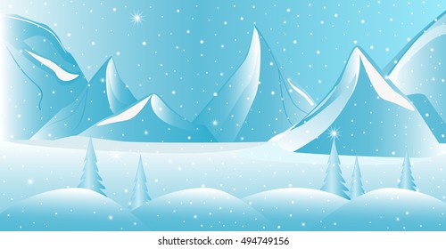 Happy New Year and Merry Christmas vector winter background with snow covered mountains and icy landscape