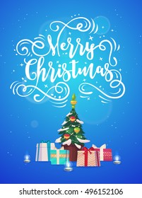 Happy New Year and Merry Christmas. With Lettering Composition xmas tree and presents. Holiday Vector Illustration.