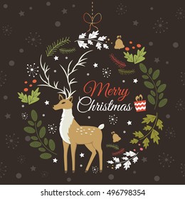 Happy New Year and Merry Christmas vector card with funny Santa Claus Deer.