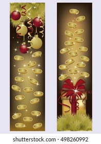 Happy New Year Merry Christmas banners with golden coins, vector illustration