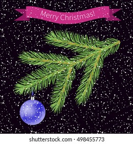 Happy New Year and Merry Christmas greeting card with fir-tree, blue ball, snowflakes and pink ribbon. Season Greetings. Vector Illustration eps10.