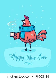 Happy New Year and Merry Christmas. Rooster holding a cup of coffee and wearing a scarf. Lettering Composition and a cock. Holiday Vector Illustration.