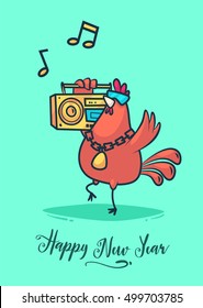 Happy New Year and Merry Christmas 2017. Rooster holding a retro tape recorder and dancing to the music. Lettering Composition and a cock. Holiday Vector Illustration.