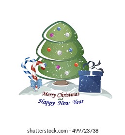 Happy New Year and Merry Christmas greeting card border with set of main holidays symbols such as fir tree, candy, gift box. 
