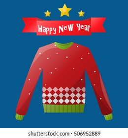 Happy New Year or Merry Christmas greeting card with warm sweater. Holiday illustration. Vector design for celebration.