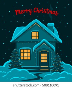 Happy New Year, Merry Christmas Eve and Night seasonal winter greeting card with decorated with led lights house in snow and pine trees