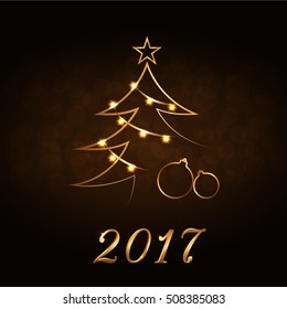 Happy New Year and Merry Christmas celebration background, gold numbers 2017, Xmas balls. Decorative golden bauble, star. Sketch for card, greeting. Light holiday decoration. Vector illustration