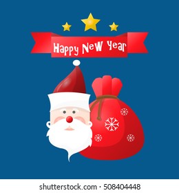 Happy New Year or Merry Christmas greeting card with Santa Claus. Holiday illustration. Vector design for celebration.