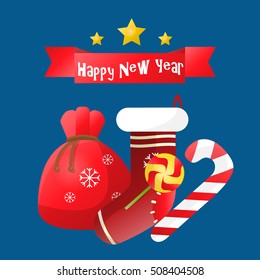 Happy New Year or Merry Christmas greeting card. Holiday illustration. Vector design for celebration.
