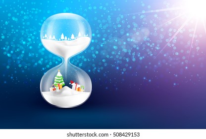 Happy new year and Merry Christmas background.hourglass clock on bokeh background with copy space.Vector illustration eps 10