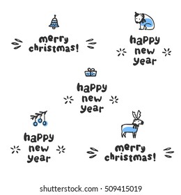 Happy new year and merry christmas lettering. Cute childish hand drawn text with reindeer and polar bear