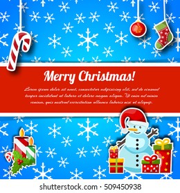 Happy new year and merry christmas card with colorful holiday winter symbols on blue background with snowflakes vector illustration