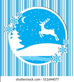 Happy New Year and Merry Christmas card with a deer in winter forest, poster, invitation, flyer. Vector illustration