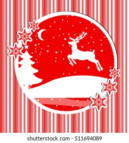 Happy New Year and Merry Christmas card with a deer in winter forest, poster, invitation, flyer. Vector illustration