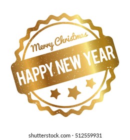 Happy New Year Merry Christmas rubber stamp award vector gold on white background