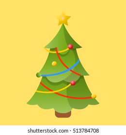 Happy New Year or Merry Christmas greeting card with christmas tree. Holiday illustration. Vector design for celebration.