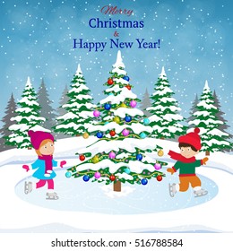 Happy new year and merry Christmas landscape card design with christmas tree. Winter scene with skating children. Children boy and girl on the winter ice-skating rink. vector illustration