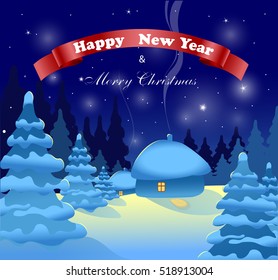 Happy New Year. Merry Christmas. Christmas winter landscape. House in snowfall. Christmas greeting card poster.