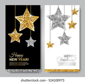 Bonne année et tracts verticaux Joyeux Noël avec étoiles à couture d'or et d'argent.Illustration vectorielle. Modèle d'invitation brillant. 