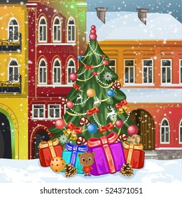 Happy new year and merry Christmas winter old town street with Christmas tree and gifts