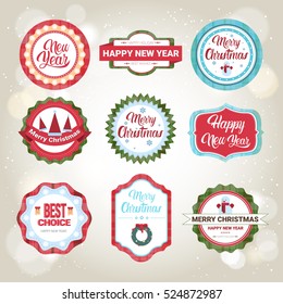 Happy New Year Merry Christmas Greeting Card Decoration Laber Web Icon Set Flat Vector Illustration