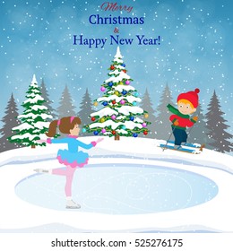 Happy new year and merry Christmas landscape card design with christmas tree. Winter scene with skating children. Children boy and girl on the winter ice-skating rink. vector illustration