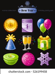 Happy New Year Merry Christmas icon set. Vector illustration isolated black background. Clock, January 1 Calendar, balloon, party hat, sparkling champagne wine, gift box, candle, disco ball, snowflake