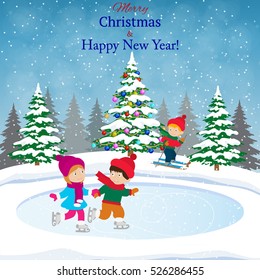 Happy new year and merry Christmas landscape card design with christmas tree. Winter scene with skating children. Children boy and girl on the winter ice-skating rink. vector illustration