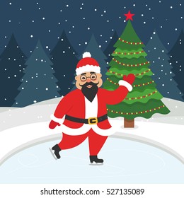 Happy new year and merry Christmas. Greeting card with christmas tree. Beautiful Asian Santa skating on the winter ice-skating rink. Vector illustration.