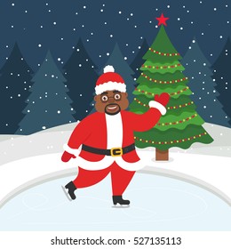 Happy new year and merry Christmas. Greeting card with christmas tree. Beautiful African american Santa skating on the winter ice-skating rink. Vector illustration.