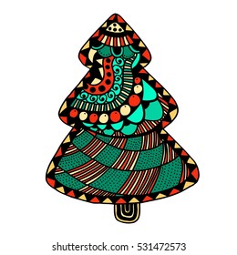 Happy new year and merry christmas card. Colored Christmas tree in zentangle style for adult anti stress. isolated on white background..