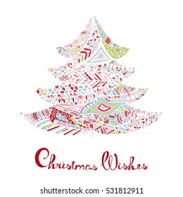 Happy new year and merry christmas card. Colored Christmas tree in zentangle style with lettering