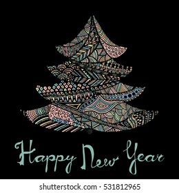 Happy new year and merry christmas card. Colored Christmas tree in zentangle style with lettering