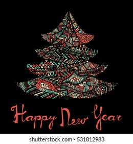 Happy new year and merry christmas card. Colored Christmas tree in zentangle style with lettering
