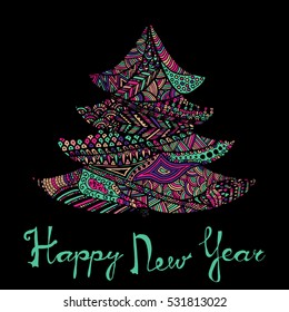 Happy new year and merry christmas card. Colored Christmas tree in zentangle style with lettering
