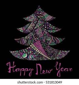 Happy new year and merry christmas card. Colored Christmas tree in zentangle style with lettering