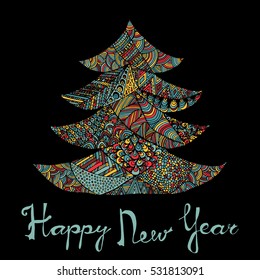 Happy new year and merry christmas card. Colored Christmas tree in zentangle style with lettering