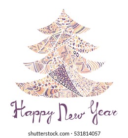 Happy new year and merry christmas card. Colored Christmas tree in zentangle style with lettering
