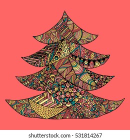 Happy New Year and Merry Christmas card. Colored Christmas tree in zentangle style, isolated on colorful background..